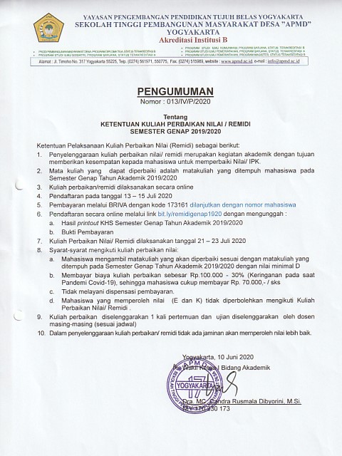 PENGUMUMAN KULIAH PERBAIKAN NILAI/REMIDI SMT GENAP 2019/2020